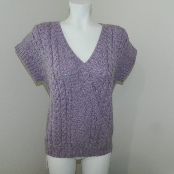 NWT Classic Alpaca Women Lilac Melang Short Sleeve Cable Sweater sz M - Picture 1 of 5